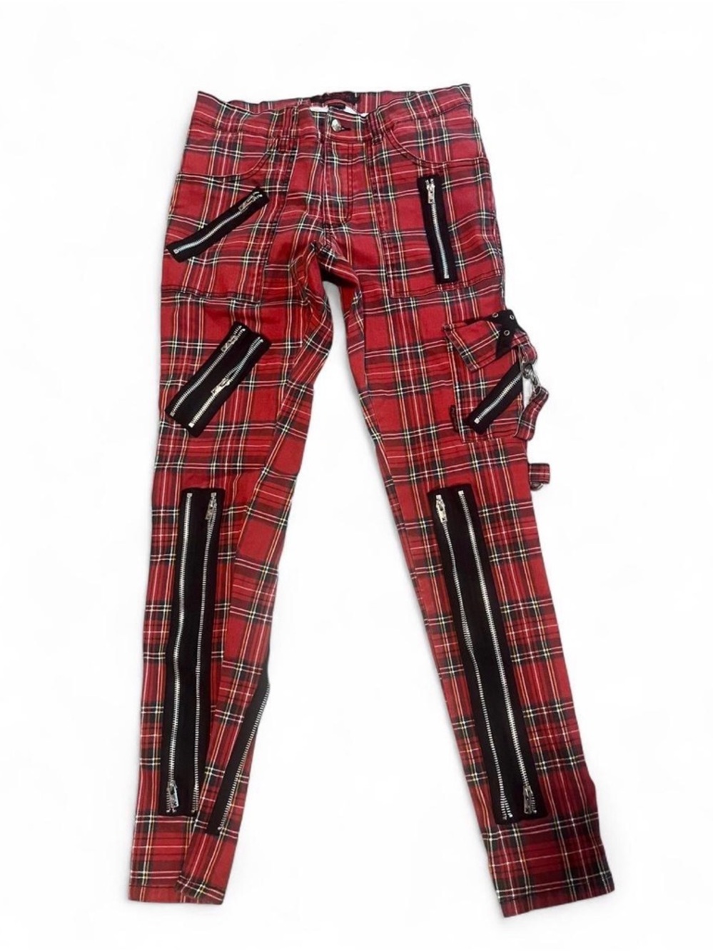 Tripp NYC Red Plaid Cargo Pants with Black Zipper Details